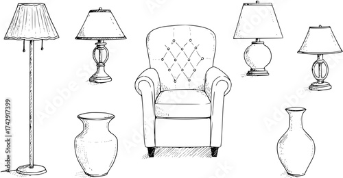 Furniture Sketch: Armchair, Lamps, Vases - Elegant Home Decor Line Art