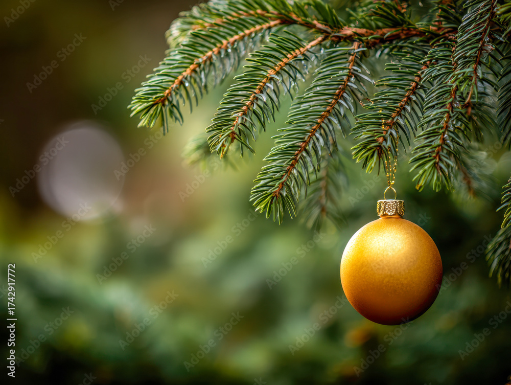 Obraz premium A single golden ornament hanging delicately from evergreen tree branches with a blurred natural background capturing the peaceful holiday spirit outdoors