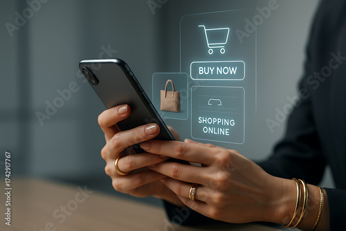 Digital Retail: Modern shopping experience through a sleek smartphone, with buy now and shopping online feature.