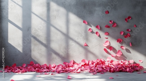 Pink petals fall onto a gray concrete floor, casting shadows near a textured gray wall.