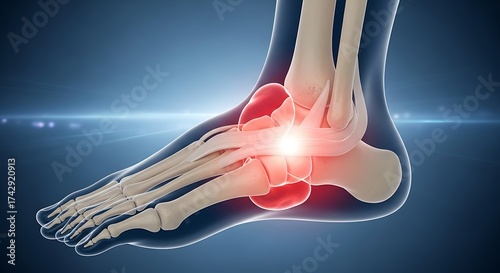 Anatomical Illustration of a Human Ankle with Highlighted Injured Area in Red