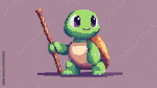 Adorable pixel art turtle holding a staff
