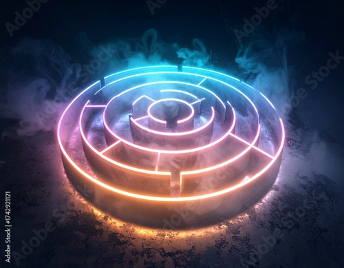 Glowing abstract labyrinth symbol floating in misty dark space, soft neon reflections.