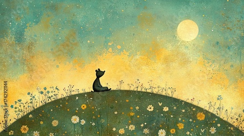 A small bear sits on a hilltop, gazing at the moonlit sky filled with wildflowers