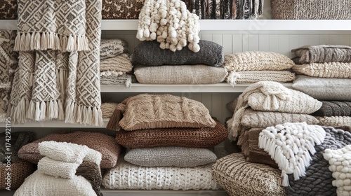 Cozy home decor collection on shelves.  Various throws, pillows, and sweaters in neutral colors