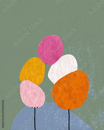 Minimalist abstract art featuring organic, textured shapes in vibrant colors: hot pink, mustard yellow, and orange. A modern, childlike illustration on a sage green background for decoration.