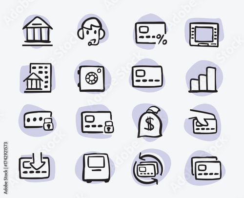 Online banking and financial sector. Set of hand-drawn conceptual illustrations. Cartoon style in vector.