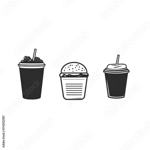 Three grayscale food containers against transparent background