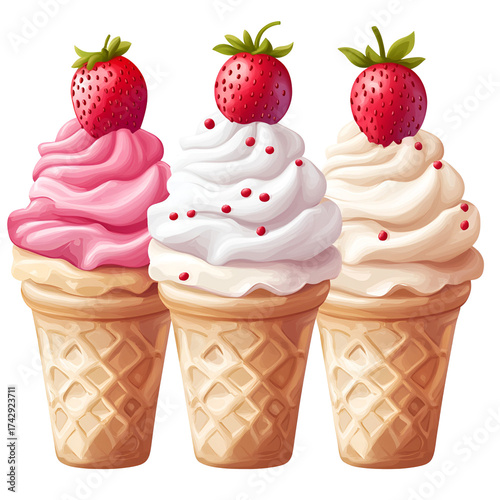 Three ice cream cones with strawberries transparent background