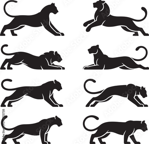 Eight black panther silhouettes in various dynamic poses big cat feline