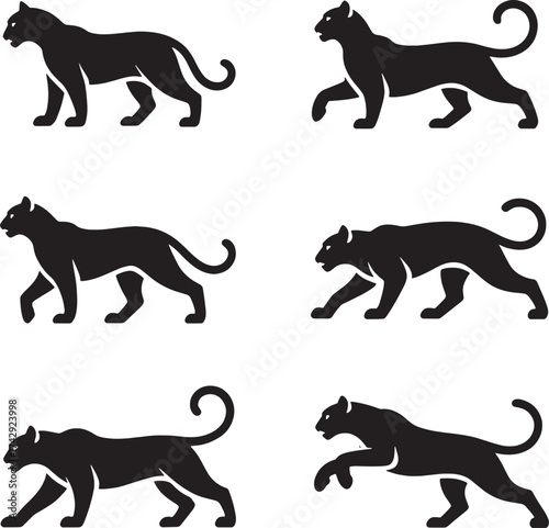 Six black panther silhouettes in various walking and stalking poses big cat feline