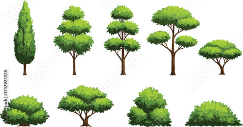 Cartoon tree and bush set with varied shapes and sizes — perfect for game design, landscape illustrations, UI assets, garden themes, digital art, and educational materials