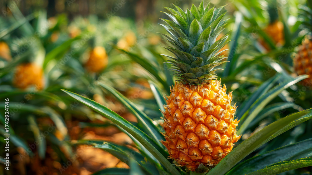 Fototapeta premium Vibrant ripe tropical fruit growing in a sunny plantation surrounded by lush green spiky leaves and healthy soil perfect for agricultural harvest