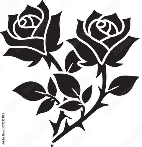 Graphic illustration of two black roses with thorns