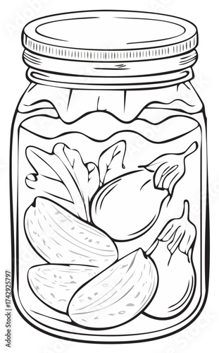 Vegetables in Glass Jar Line Art Pickled Cucumbers and Eggplants