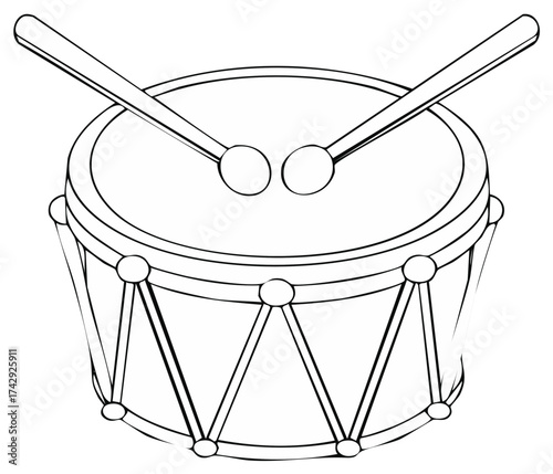 Line art illustration of a snare drum with two drumsticks