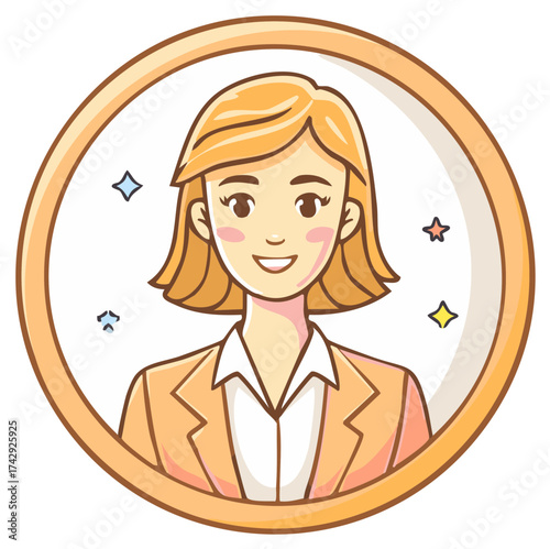 Cartoon illustration of smiling blonde businesswoman in peach suit with magic sparkles
