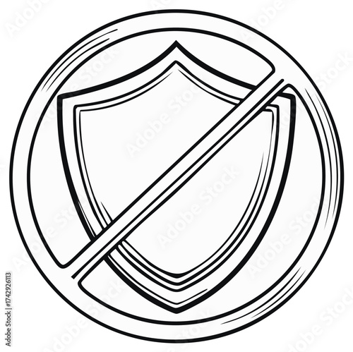 Shield with prohibition symbol in simple outline drawing style