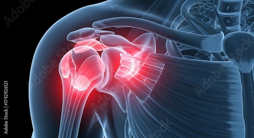 Medical Illustration of Shoulder Joint with Inflamed Area in Bright Red
