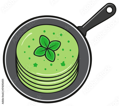 Stack of green pancakes with basil in a frying pan, cooking, food concept