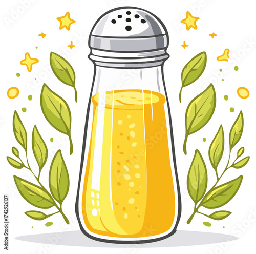 Cartoon illustration of a salt shaker with leaves and stars.