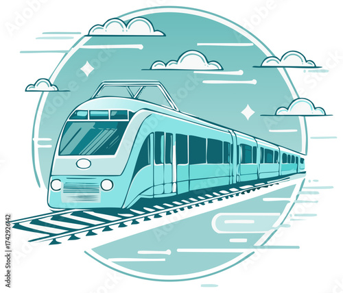 Modern electric train illustration on a railway with stylized clouds