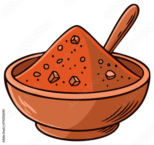 Clay bowl filled with reddish spice powder and chunks with a wooden spoon