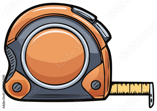 Cartoon style orange and grey tape measure illustration for construction and measurement