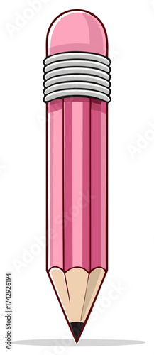 Illustration of a pink pencil with an eraser tip and lead, isolated