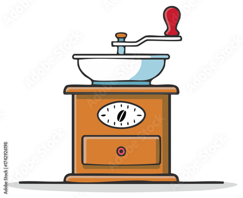 Classic wooden hand crank coffee grinder mill cartoon vector illustration