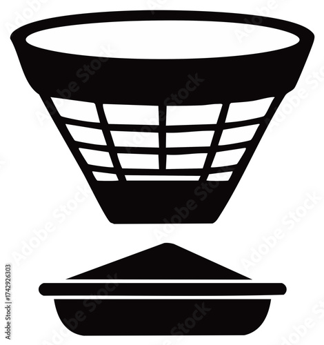 Sifting sieve and separated material below black white icon illustration