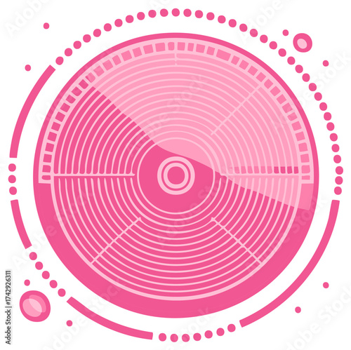 Abstract pink circular graphic with concentric lines and orbiting elements