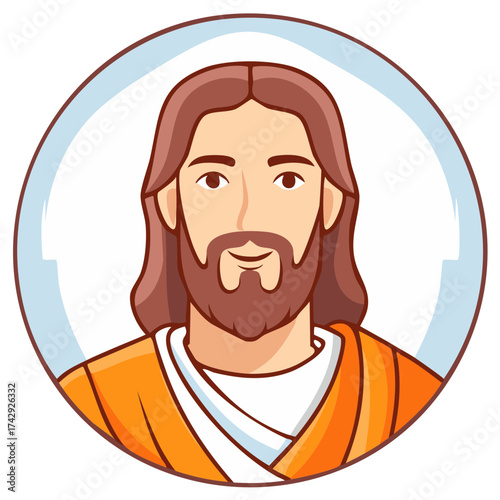 Stylized depiction of a wise benevolent prophet like figure in circular frame