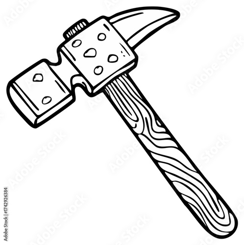 Stylized blacksmith's hammer with a claw and wooden handle, simple line drawing