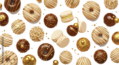 Seamless Luxury Gold Dessert Pattern: Macarons, Doughnuts, and Truffles Flat Lay Background