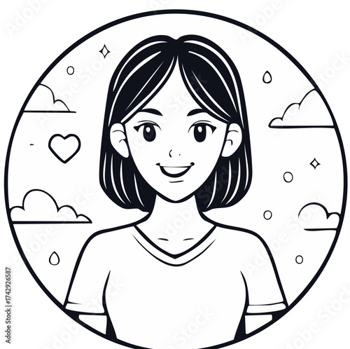 Smiling Young Woman Portrait with Clouds and Heart in Circle Illustration