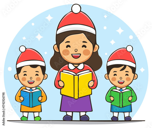 Cheerful adult and two children singing festive Christmas carols with songbooks, cartoon illustration