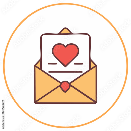 Love letter icon with heart inside an open envelope and a circular border