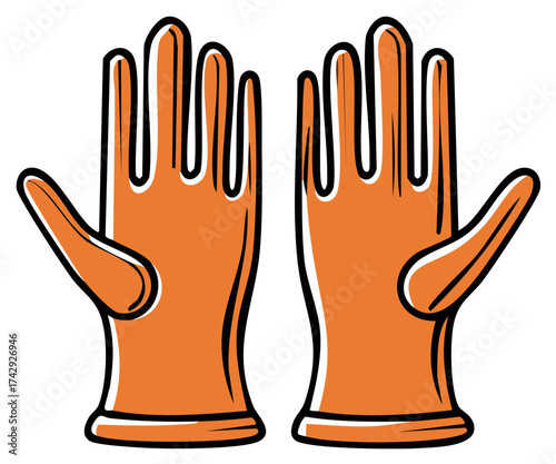 Pair of orange protective gloves with bold black outlines and white highlights