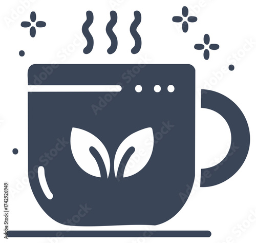 Steaming hot tea cup icon with organic leaves and sparkling aroma