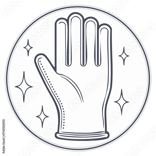 Outline style image of clean rubber glove with sparkles in a circle frame, hygiene