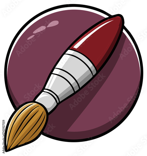 Stylized artist paintbrush with brown bristles and red handle against a purple circle