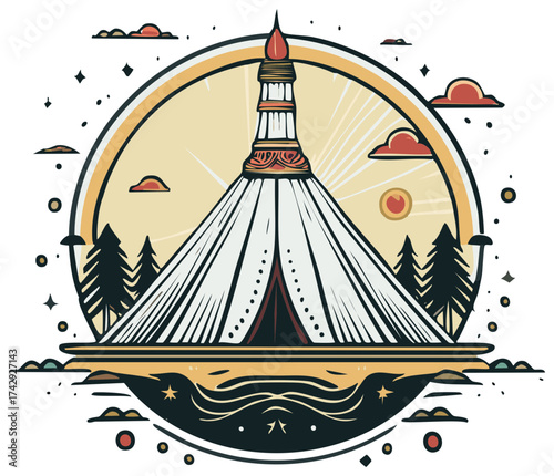 Stylized wilderness teepee camp illustration with pine trees and radiant sunrays under a starry sky