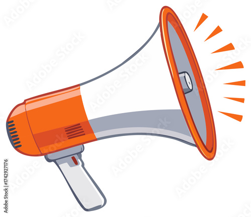 Orange cartoon megaphone making a loud announcement with sound waves illustration