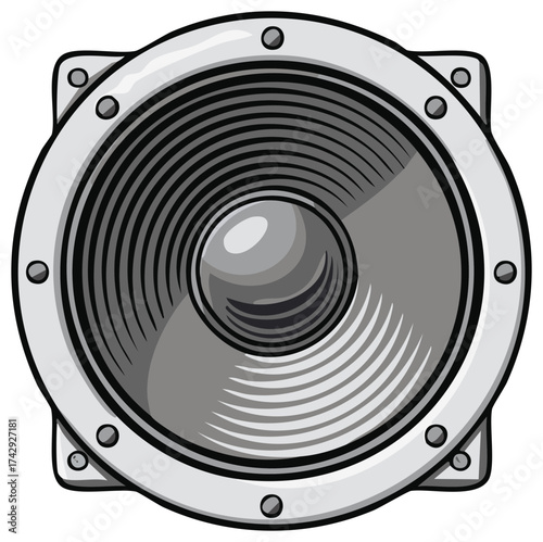 Bold comic style illustration of a powerful audio woofer speaker with a metallic frame