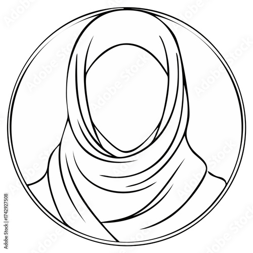 Minimalist line art icon of a person wearing a hijab inside a circle
