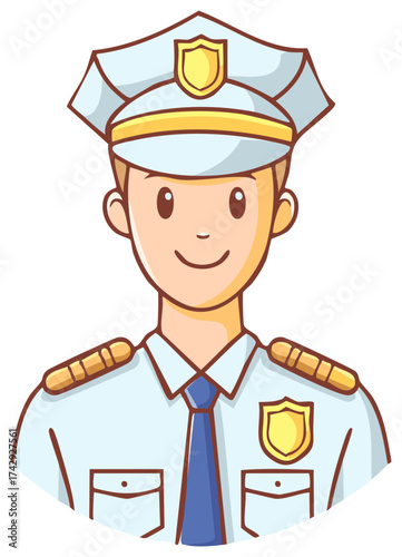 Friendly Cartoon Professional Man in Official Uniform Smiling, Wearing Cap and Golden Insignia