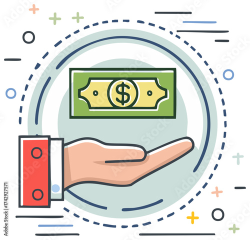 Hand holding dollar bill with financial and abstract graphic elements