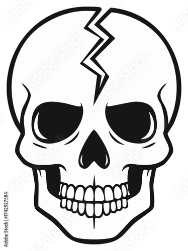 Skull with a cracked head illustration in black and white