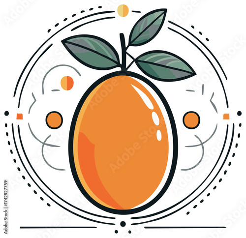 Orange fruit illustration with leaves in round abstract frame design